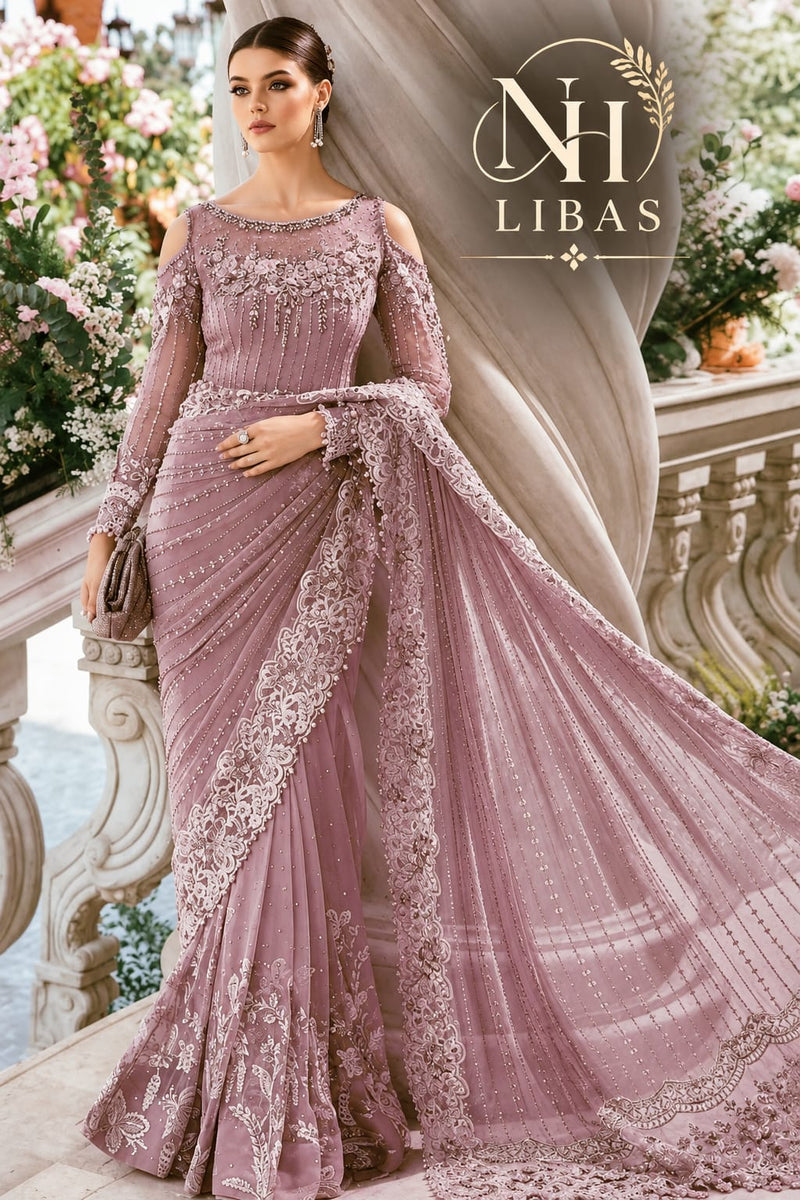 Maria B Wedding Collection Saree Purple Net Embroidery Unstithed