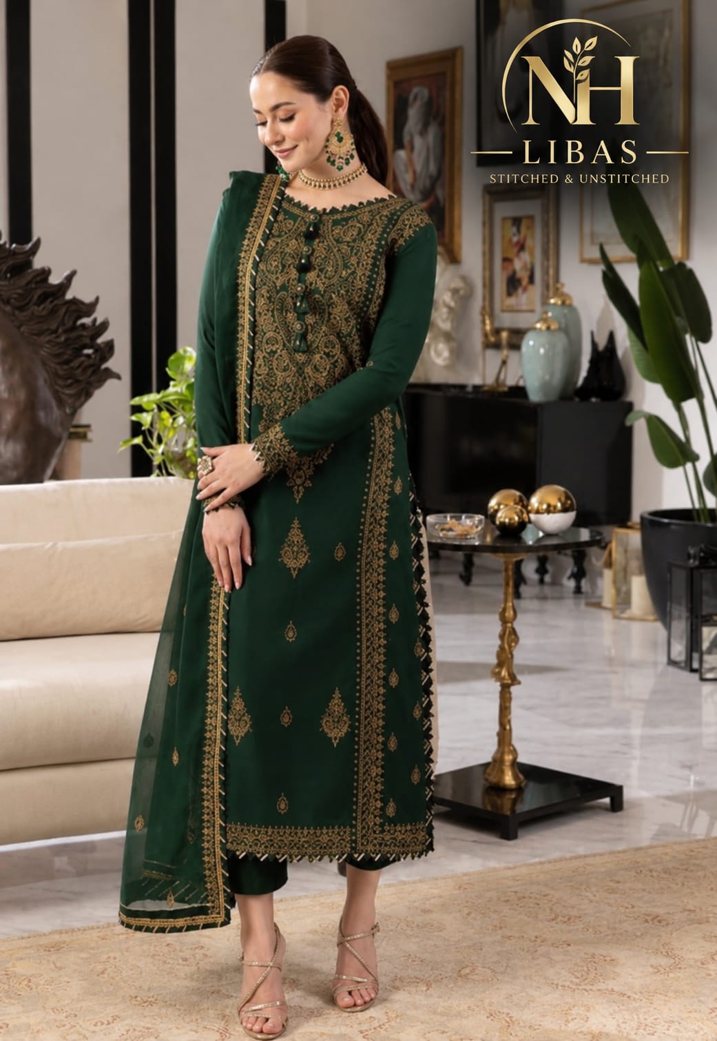 Asim Jofa Green Heavy Embroidered Chiffon 3PC Suit